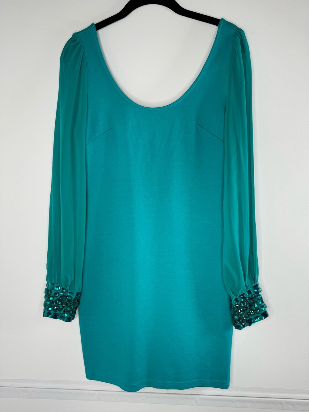 Moon Collection Embellished Cuff Long Sleeve Sheath Dress Teal Size Medium